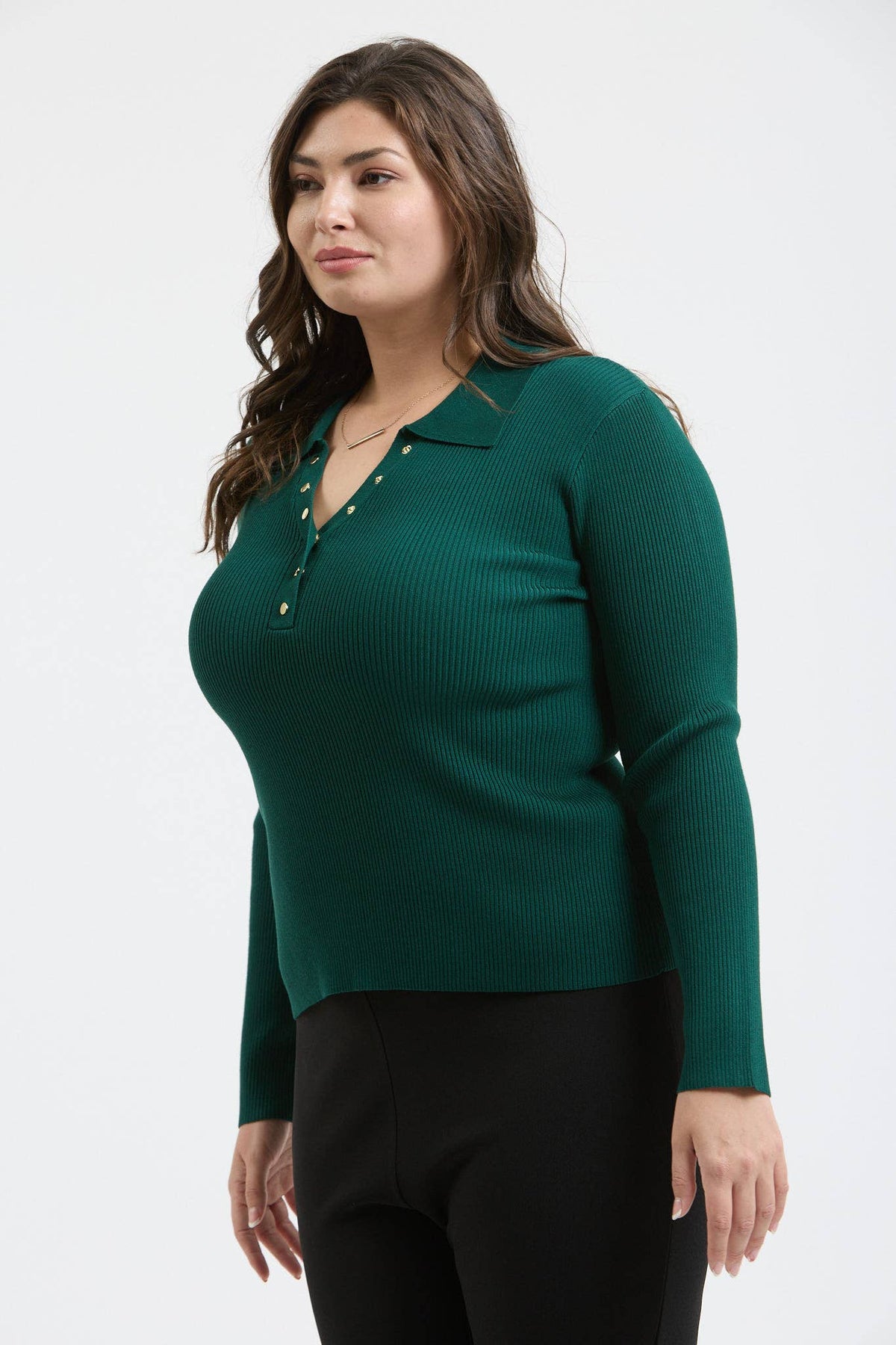 Plus Collard Gold Snap Long Sleeve