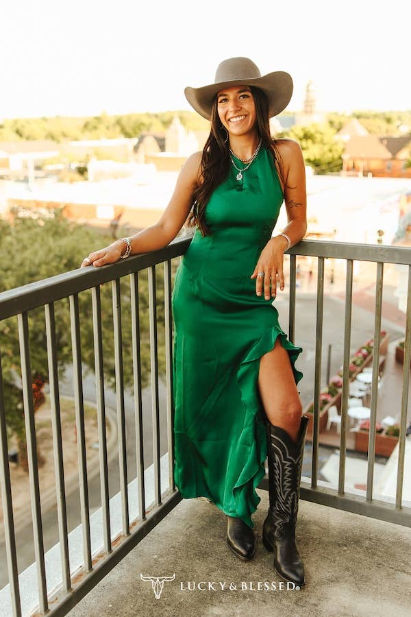 emerald green halter dress Satin Ruffle Slit Hem – Western Charm Boutique icon-grid-butter this gown sits beautifully Marquee Nightclub Guest List Size:44D