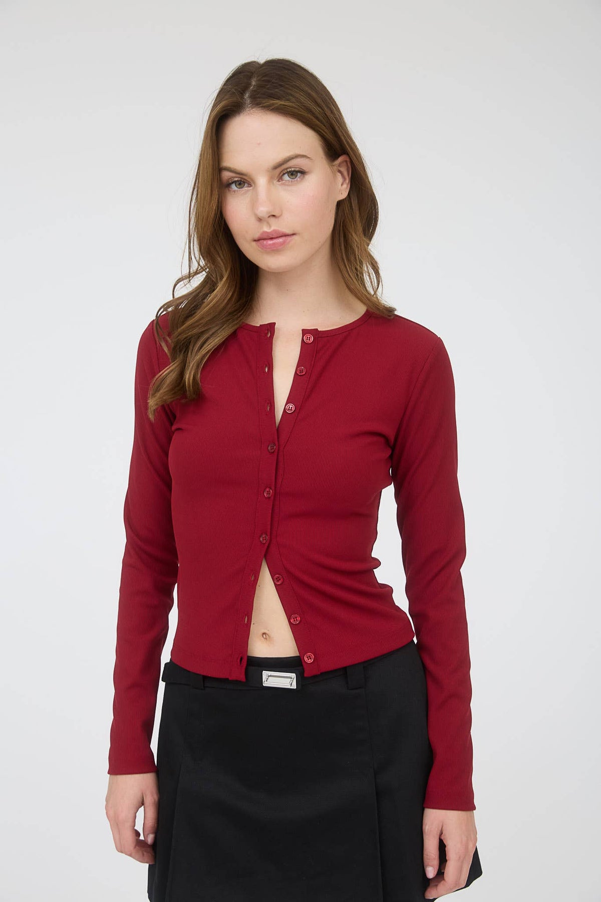 Ribbed Long Sleeve Button Known Knit Top