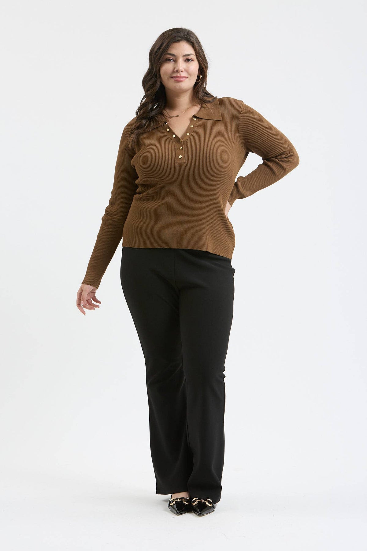 Plus Collard Gold Snap Long Sleeve