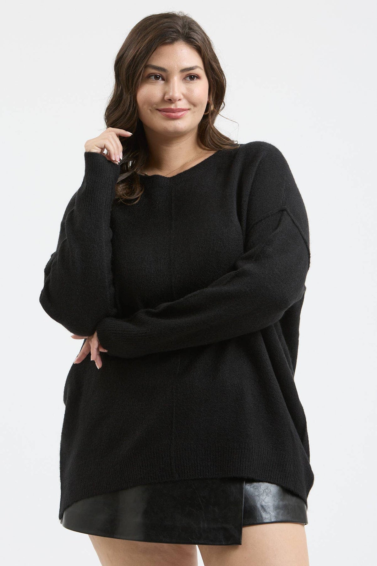 Plus Solid Crewneck Front Seam Sweater