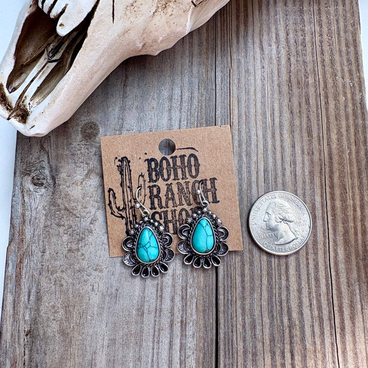 Western Teardrop Concho Turquoise Stone Dangle Earrings