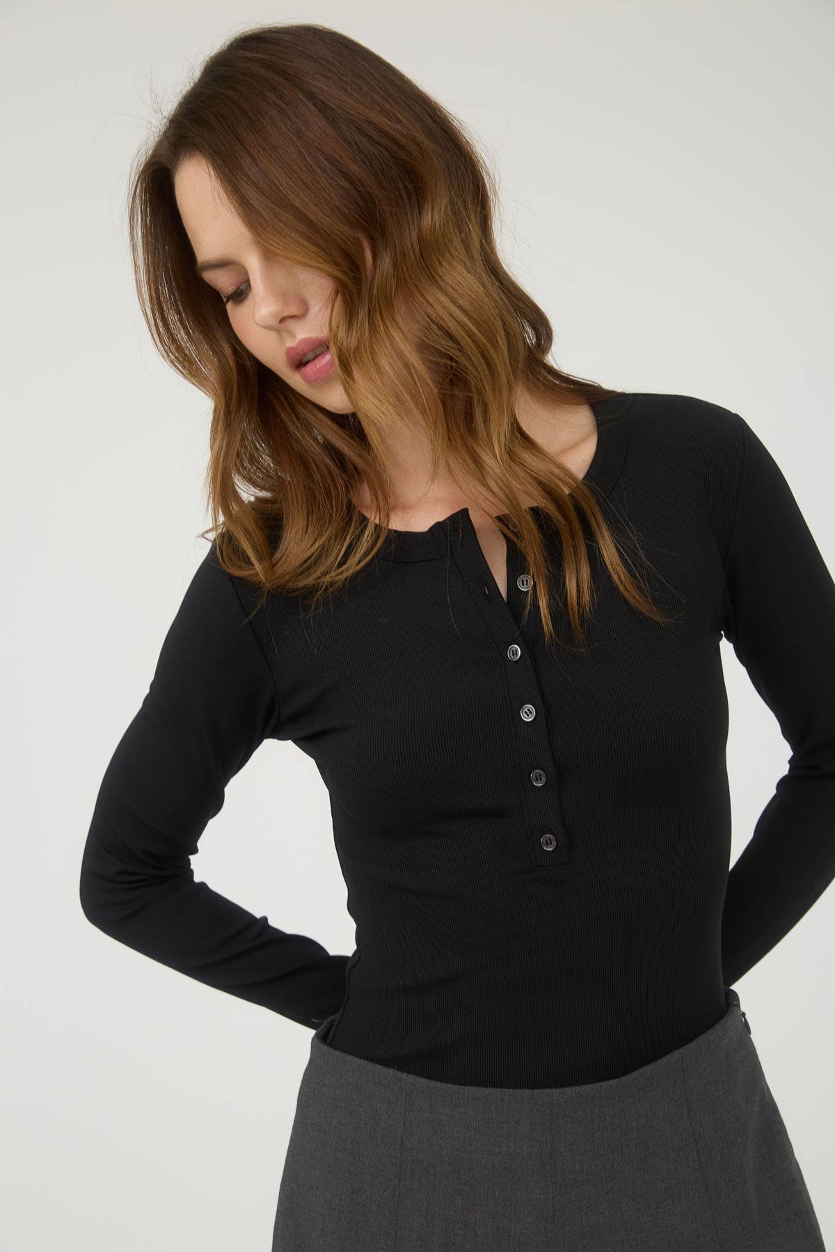 Ribbed Long Sleeve Henley Knit Top