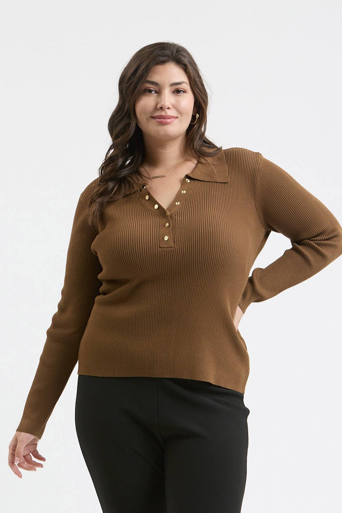 Plus Collard Gold Snap Long Sleeve