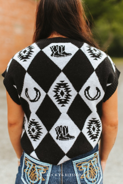Black Checkered Knit Western Sweater Top