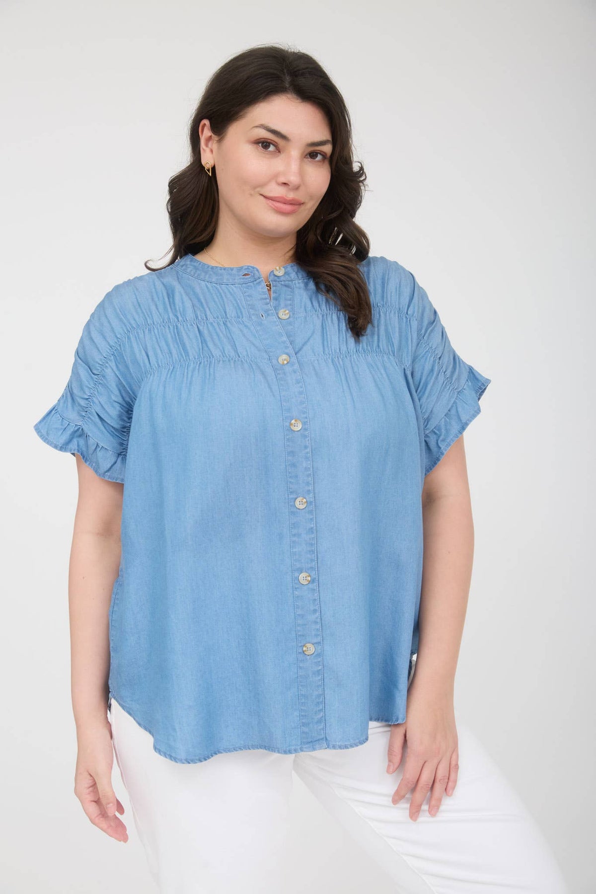 Plus Chambray Yoke Button Down Top