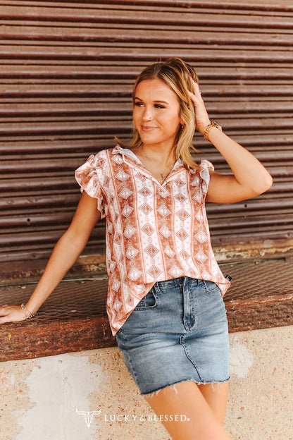 Plus Size Rust Aztec Short Sleeve V-Neck Ruffle Sleeve Top