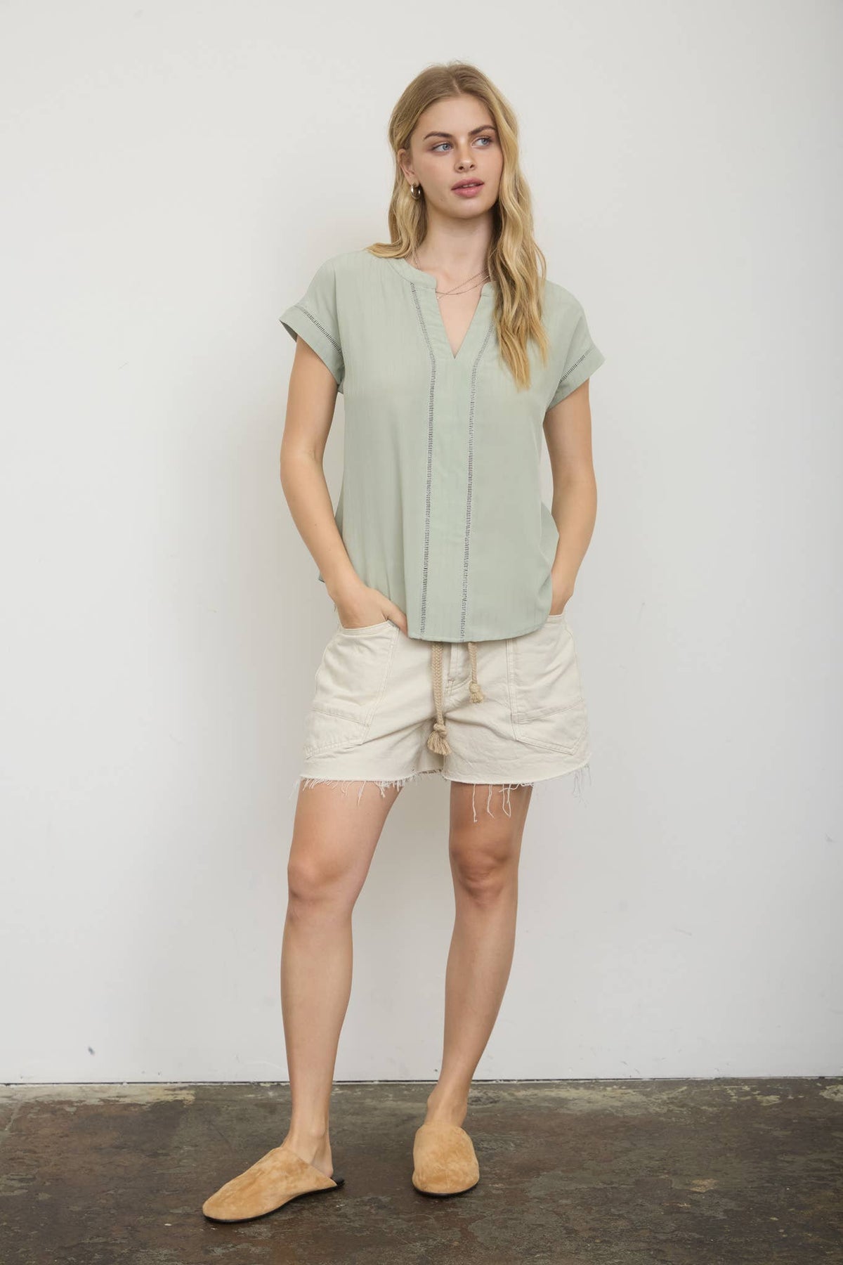 Ladder Lace Trim Split Neck Top
