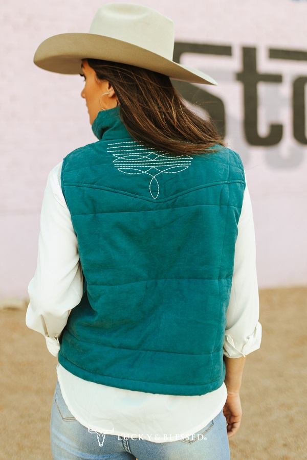 Plus Size Teal Puffer W Aztec Lining Boot Stitch Detail Vest