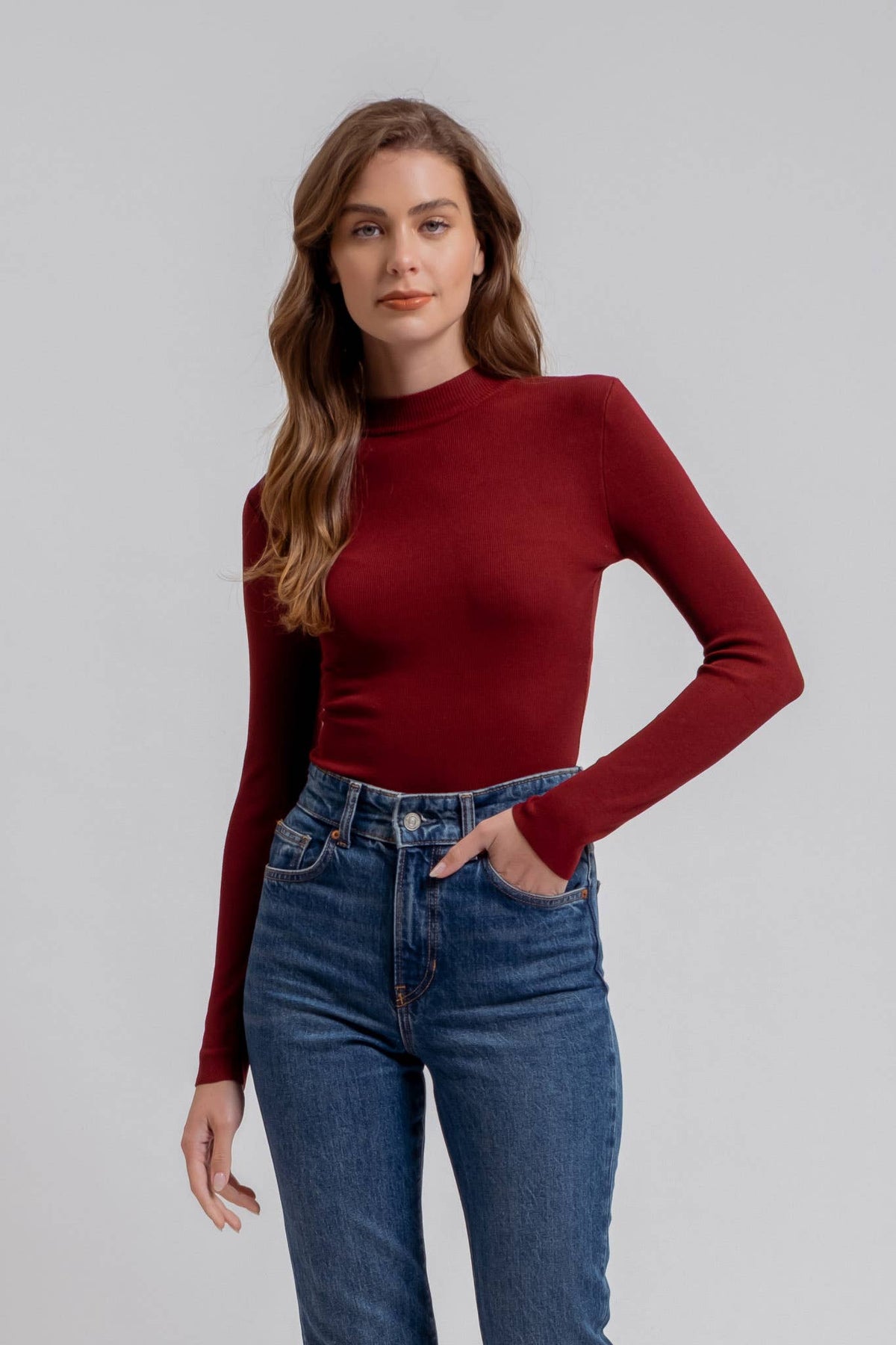 Mock Neck Long Sleeve Sweater Knit Top