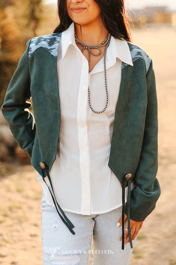 Teal Suede Aztec Detail Yoke Front Tassel Jacket