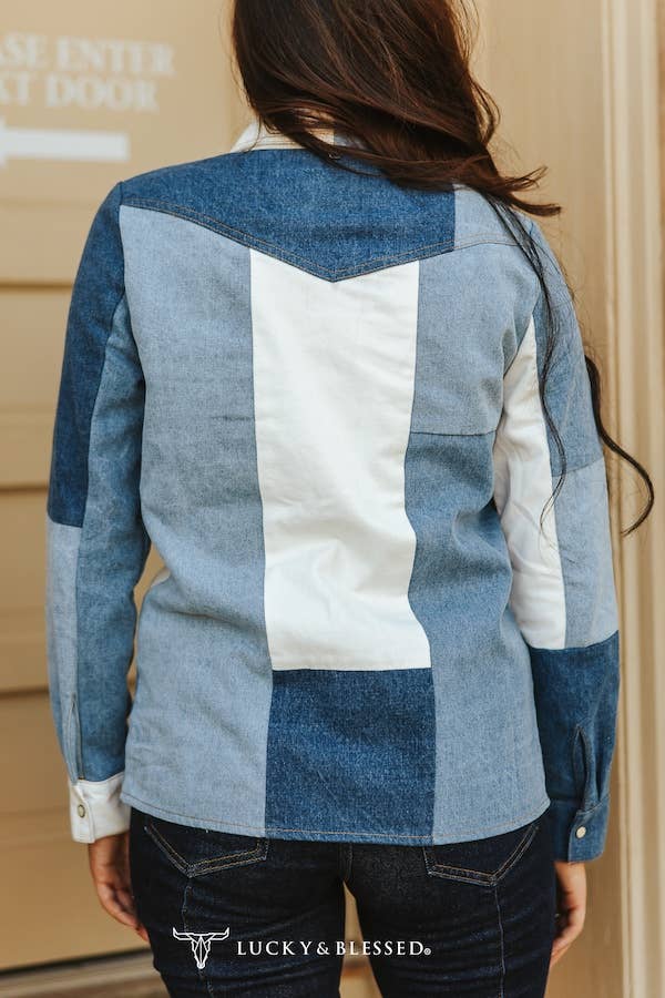 Patchwork Denim Long Sleeve Pearl Snap Western Shirt