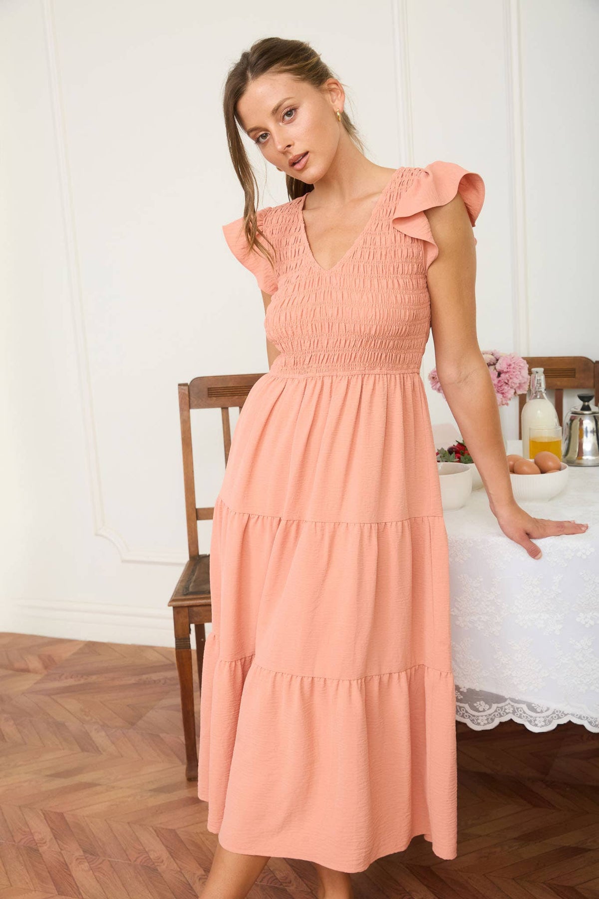 Flutter Sleeve V Neck Smocked Midi Dress