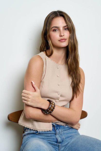 Scallop Lace Trim Button Down Vest Top