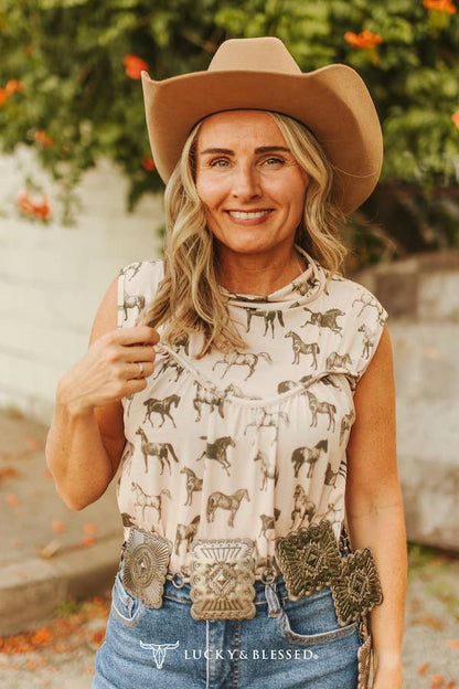 Ivory Horse Printed Yoke Sleeveless Shirt
