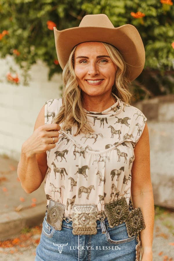 Plus Size Ivory Horse Printed Yoke Sleeveless Shirt