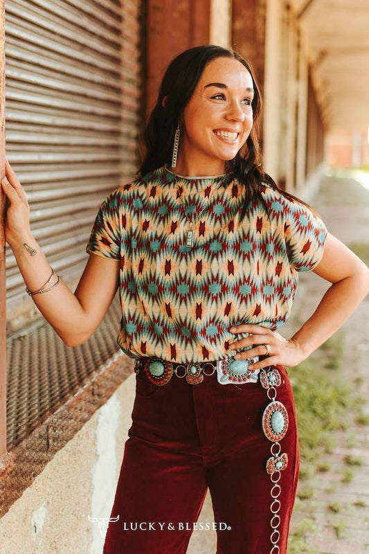 Multi Aztec Printed Short Sleeve Dolman Top