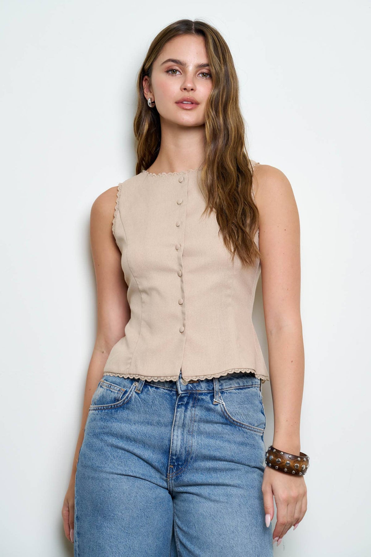 Scallop Lace Trim Button Down Vest Top