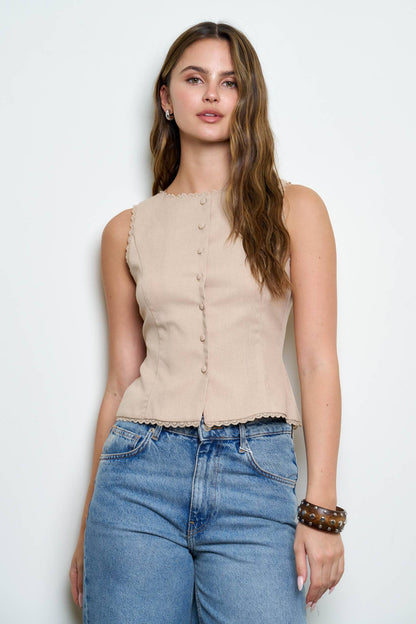 Scallop Lace Trim Button Down Vest Top