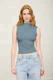 Mock Neck Ruched Shoulder Sleeveless Top