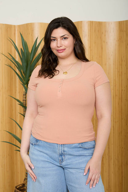 Plus Snap Button Henley Ribbed Knit Top
