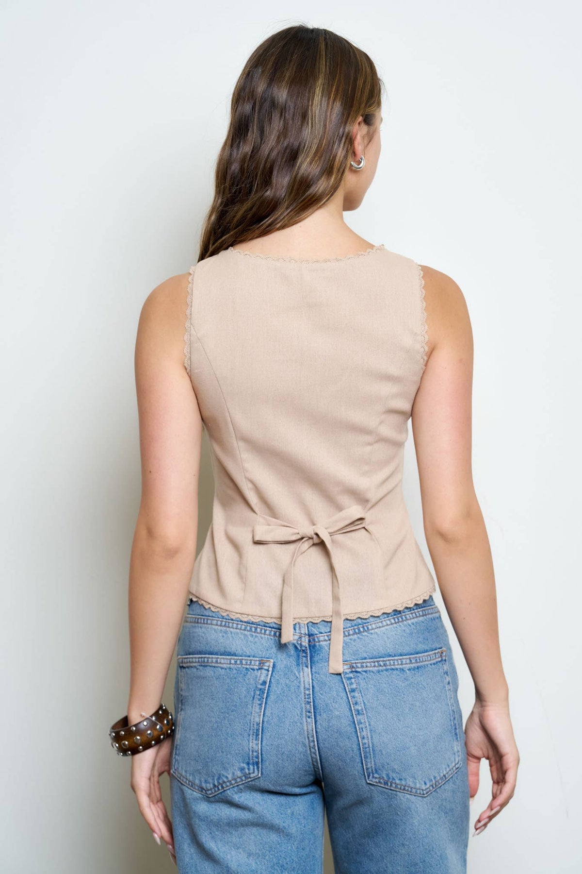 Scallop Lace Trim Button Down Vest Top
