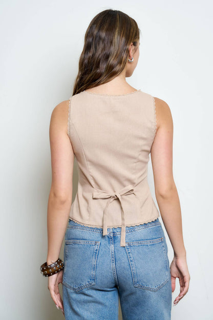 Scallop Lace Trim Button Down Vest Top