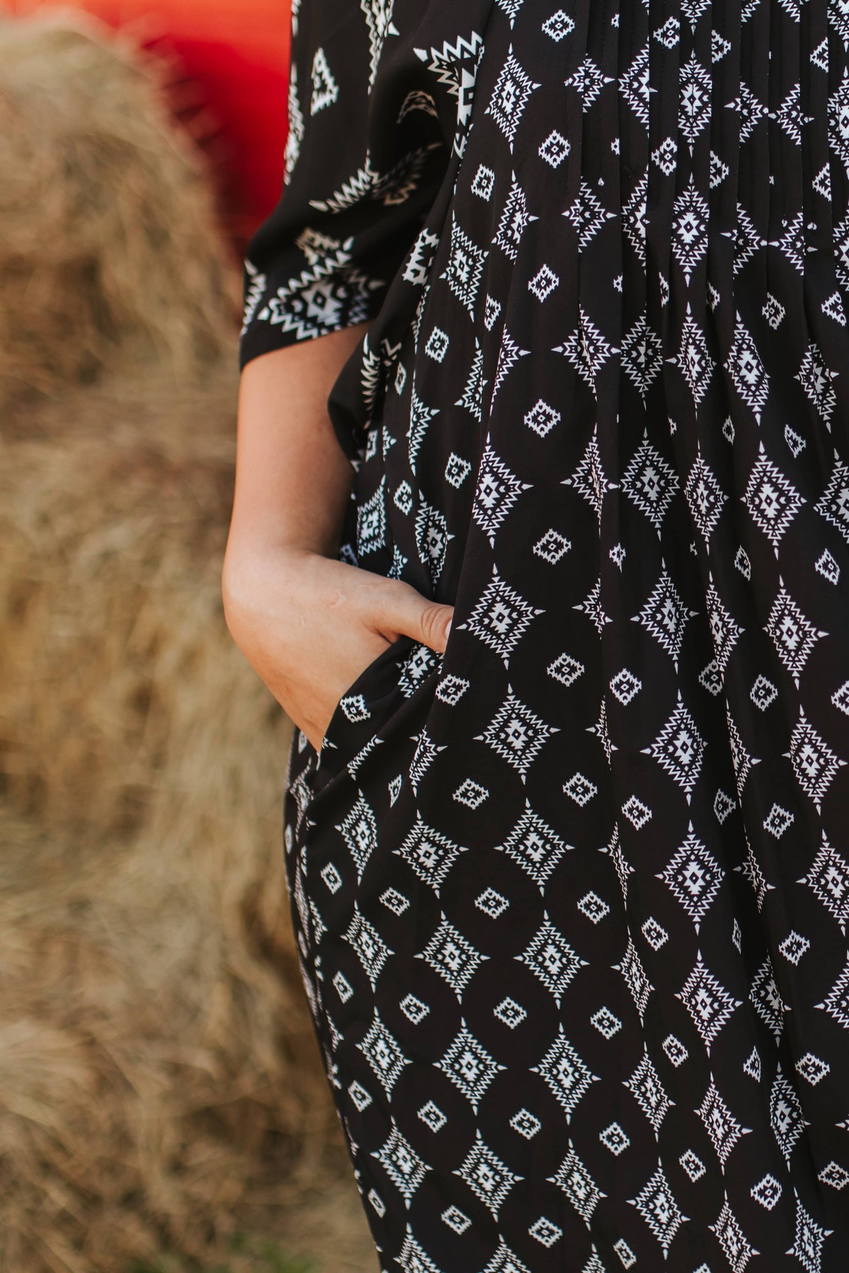 Plus Size Black Aztec Printed Pleated Square Neckline Dress