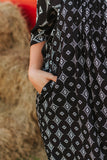 Plus Size Black Aztec Printed Pleated Square Neckline Dress