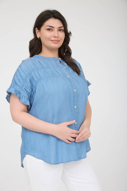 Plus Chambray Yoke Button Down Top