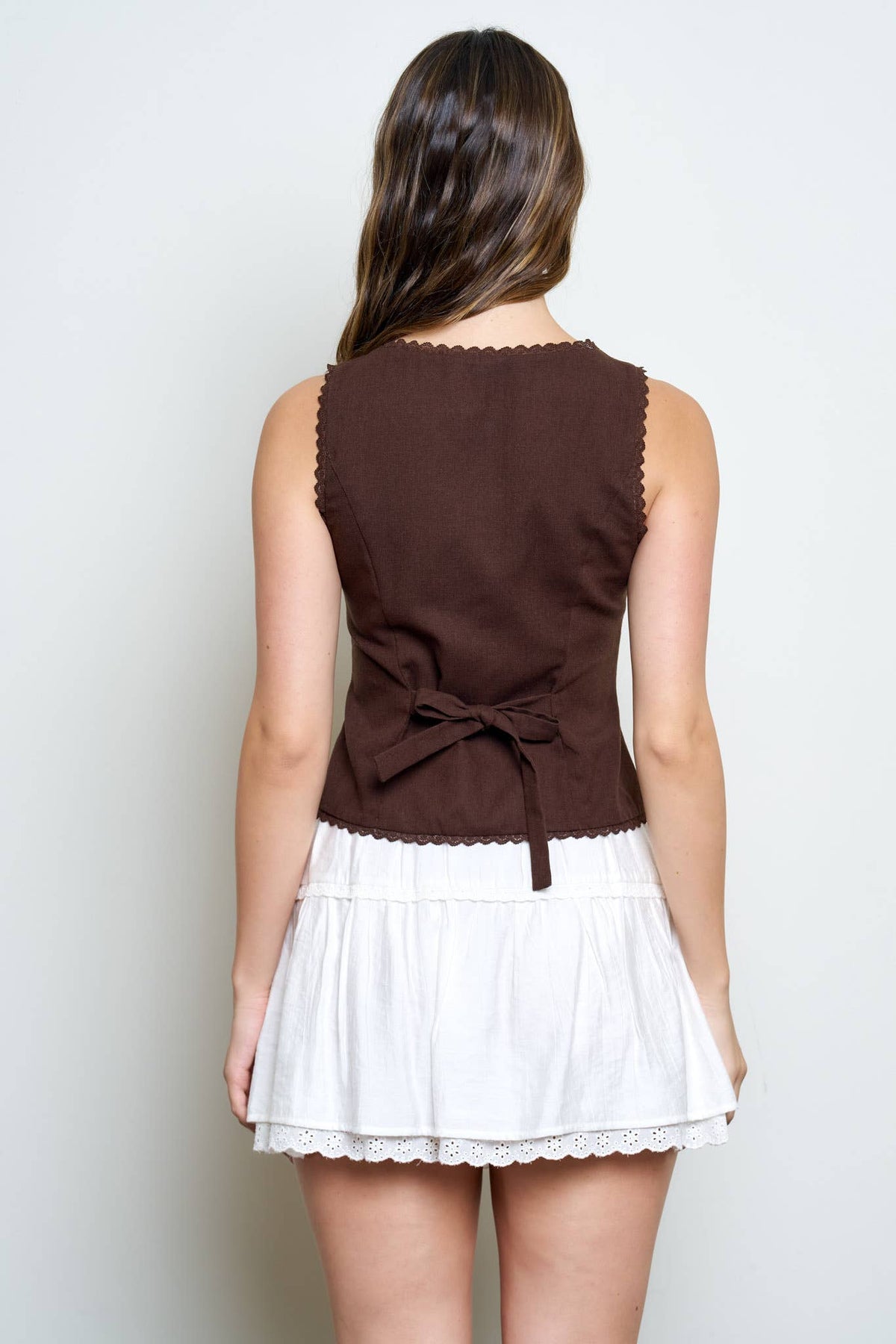 Scallop Lace Trim Button Down Vest Top