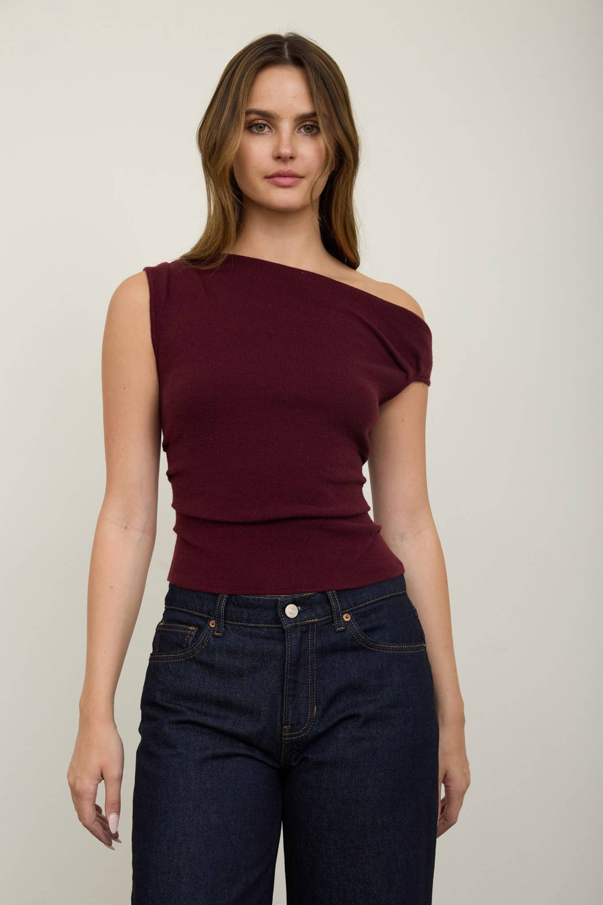 Asymmetric Boat Neck Fitted Knit Top