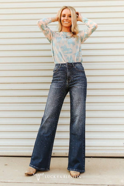 Mid Wash Studded Mid Rise Western Flare Jeans