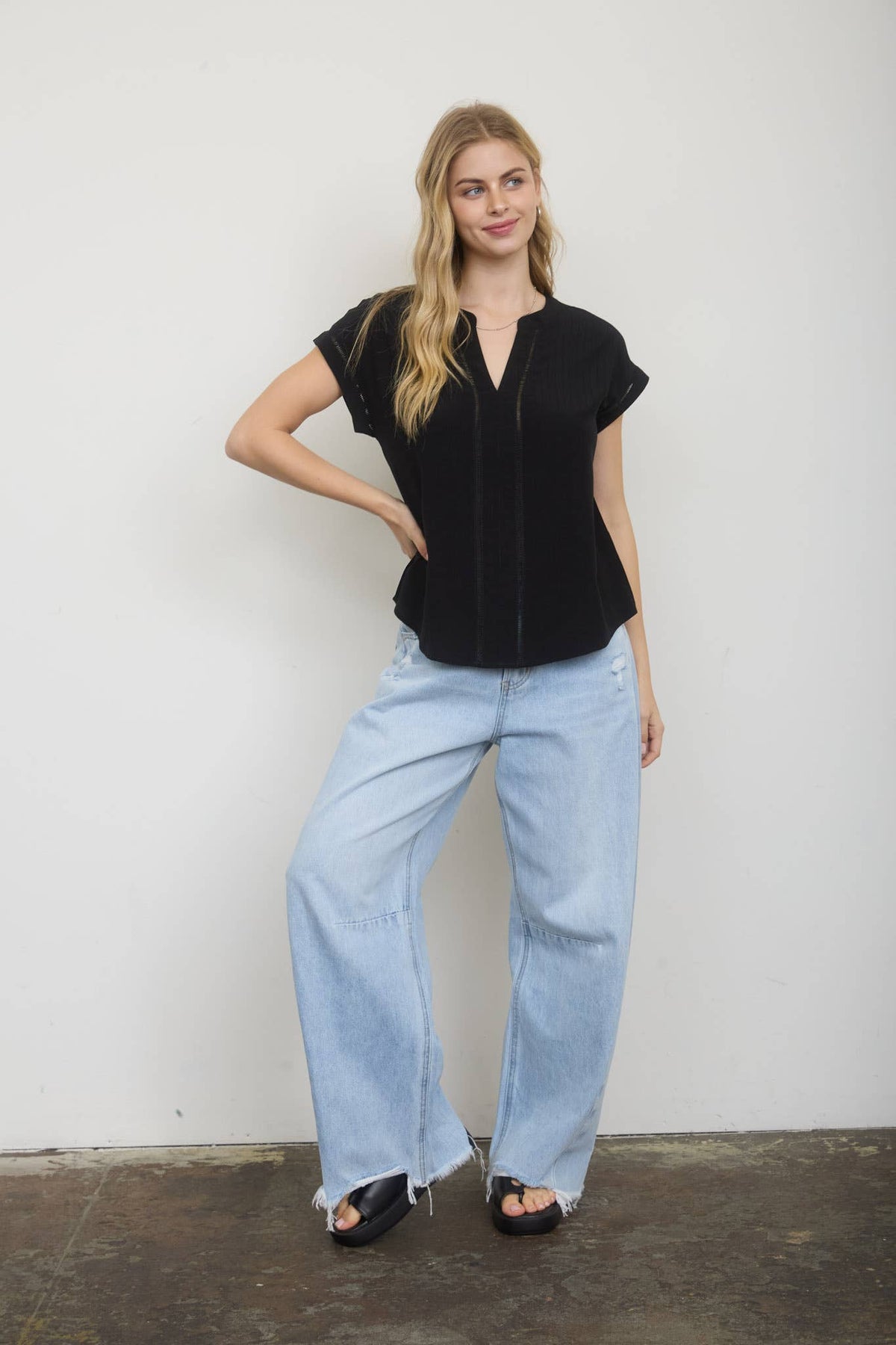 Ladder Lace Trim Split Neck Top
