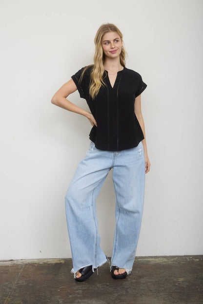 Ladder Lace Trim Split Neck Top