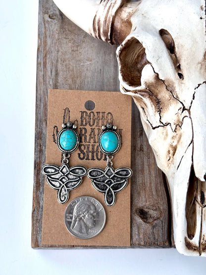 Western Oval Stone Concho Boot Stitch Post Drop Earrings