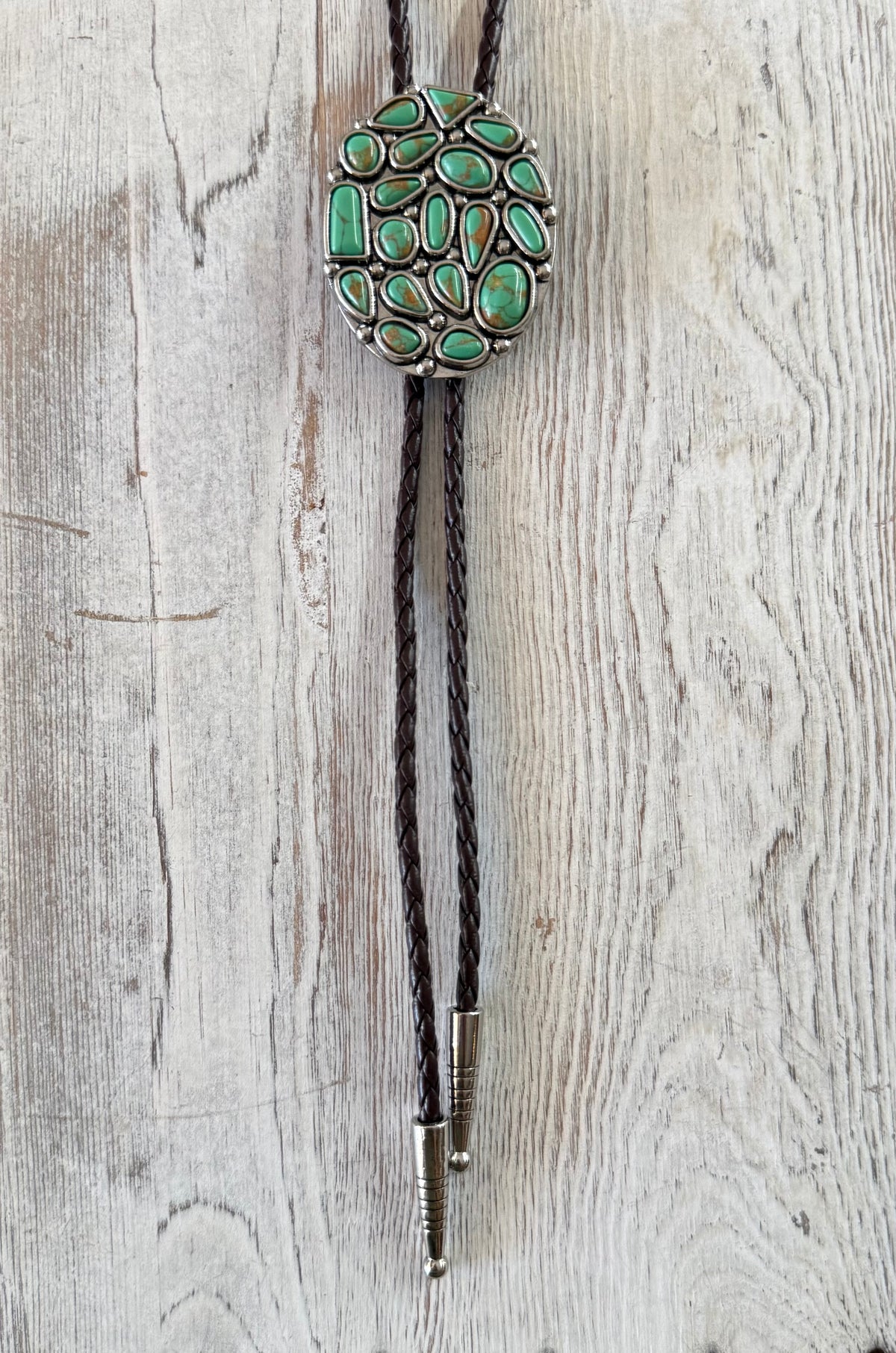 Brown Leather with Multi Stone Oval Pendant Necklace