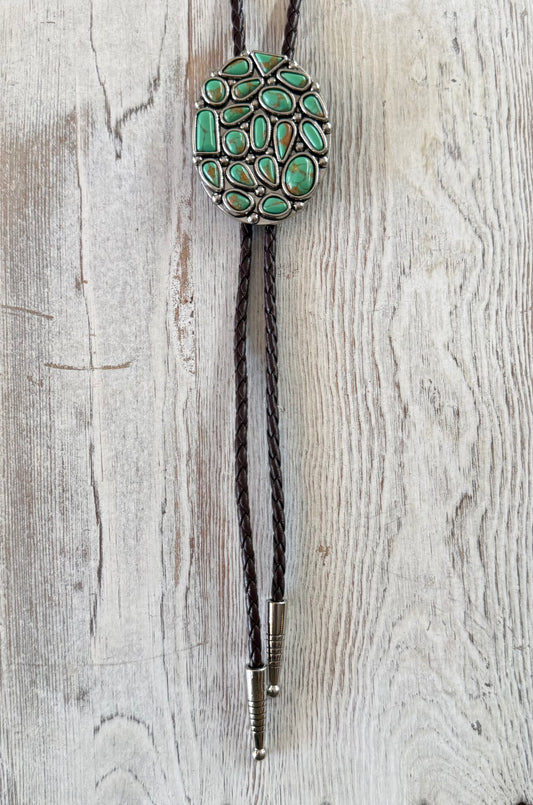 Brown Leather with Multi Stone Oval Pendant Necklace