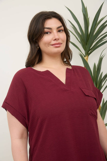 Plus Sprit Neck Back Button Short Sleeve Top
