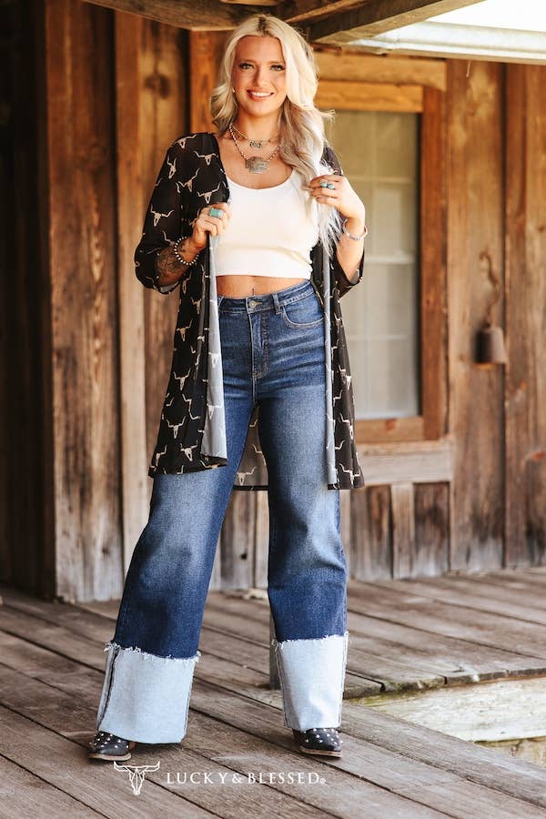 Plus Size Dark Wash High Rise Cuffed Wide Leg Jeans