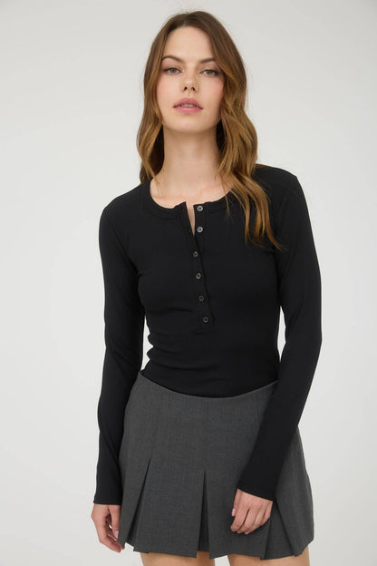 Ribbed Long Sleeve Henley Knit Top