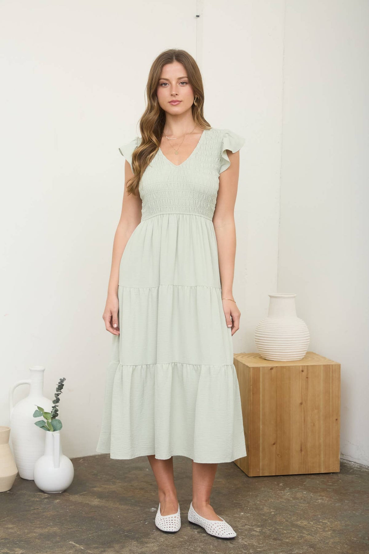 Flutter Sleeve V Neck Smocked Midi Dress