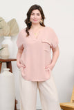 Plus Sprit Neck Back Button Short Sleeve Top