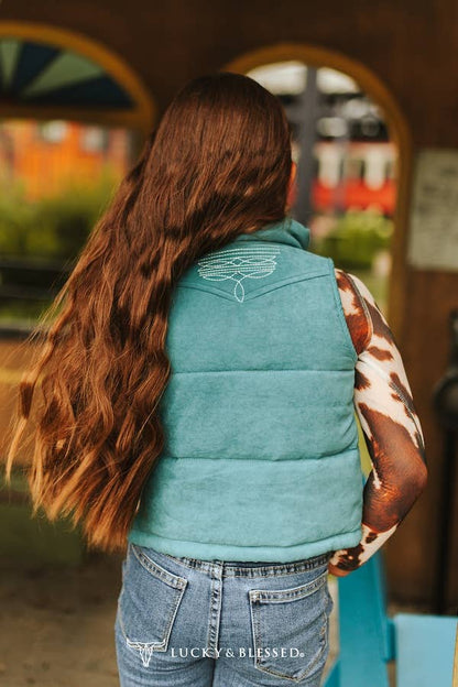 Girls Jade Puffer W Aztec Lining Boot Stitch Detail Vest