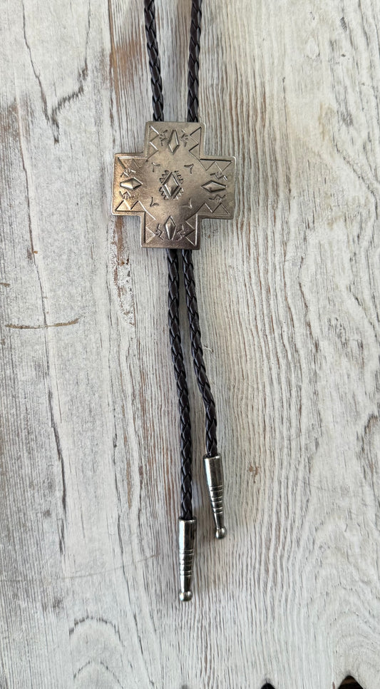 Brown Leather with Silver Metal Cross Necklace