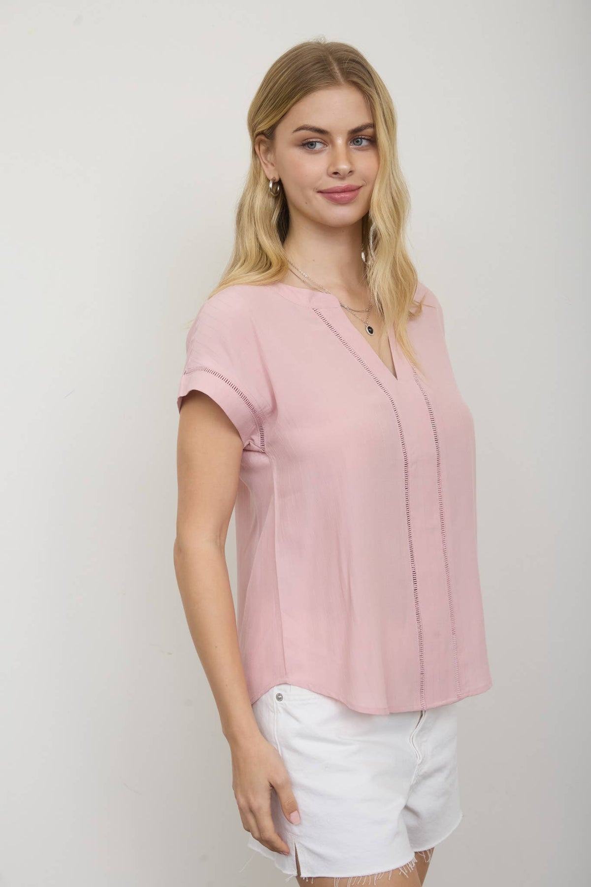 Ladder Lace Trim Split Neck Top