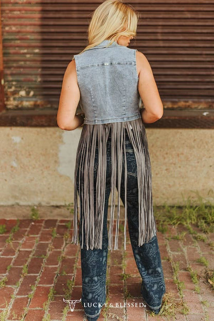 Stone Wash Denim Fringe Denim Vest
