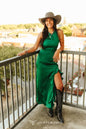 Emerald Green Satin Halter Ruffle Slit Hem Dress
