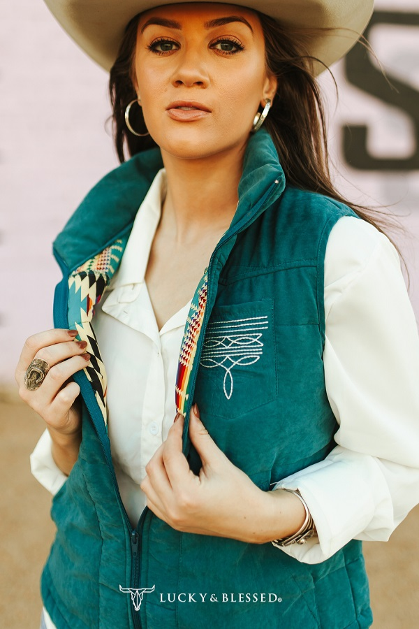 Plus Size Teal Puffer W Aztec Lining Boot Stitch Detail Vest