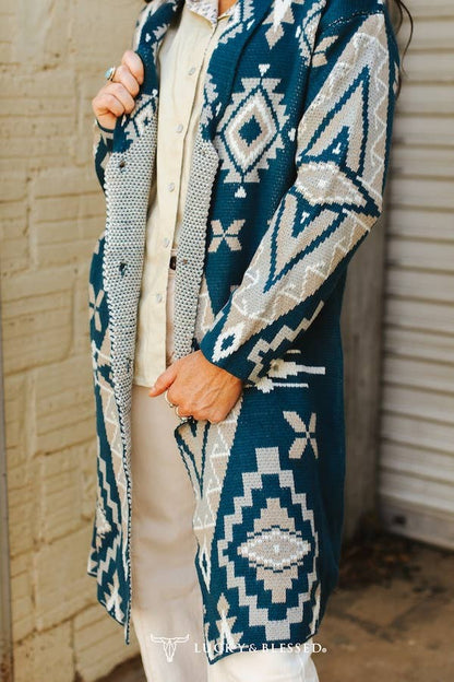 Teal Ivory Aztec Knitted Button Down Cardigan Sweater